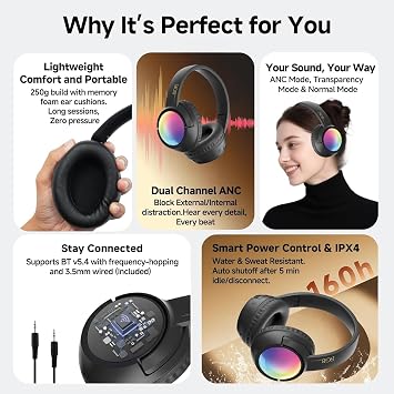Bluetooth Headphones Over Ear, Wireless Active Noise Cancelling Headphones, Portable Foldable Headset with Built-in HiFi Stereo Sound Noise Reduction Mic for Work, Gym, Travel, Game(Black)