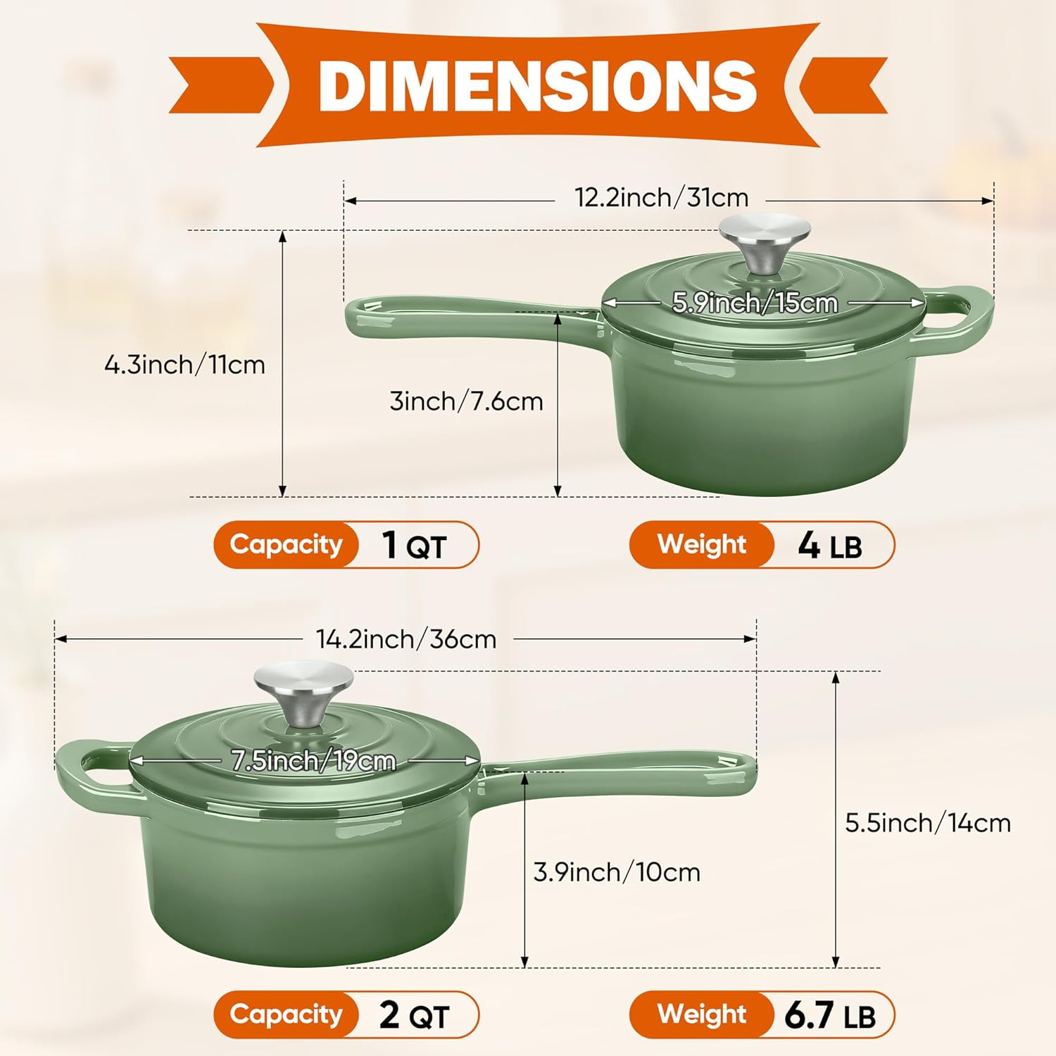 1 QT & 2 QT Saucepan Set, Homikit Enameled Cast Iron Saucepan with Lid for All Cooktops, Small Pot Mini Dutch Oven for Kitchen Cooking, Boiling, Nonstick & Heavy Duty, Sage Green