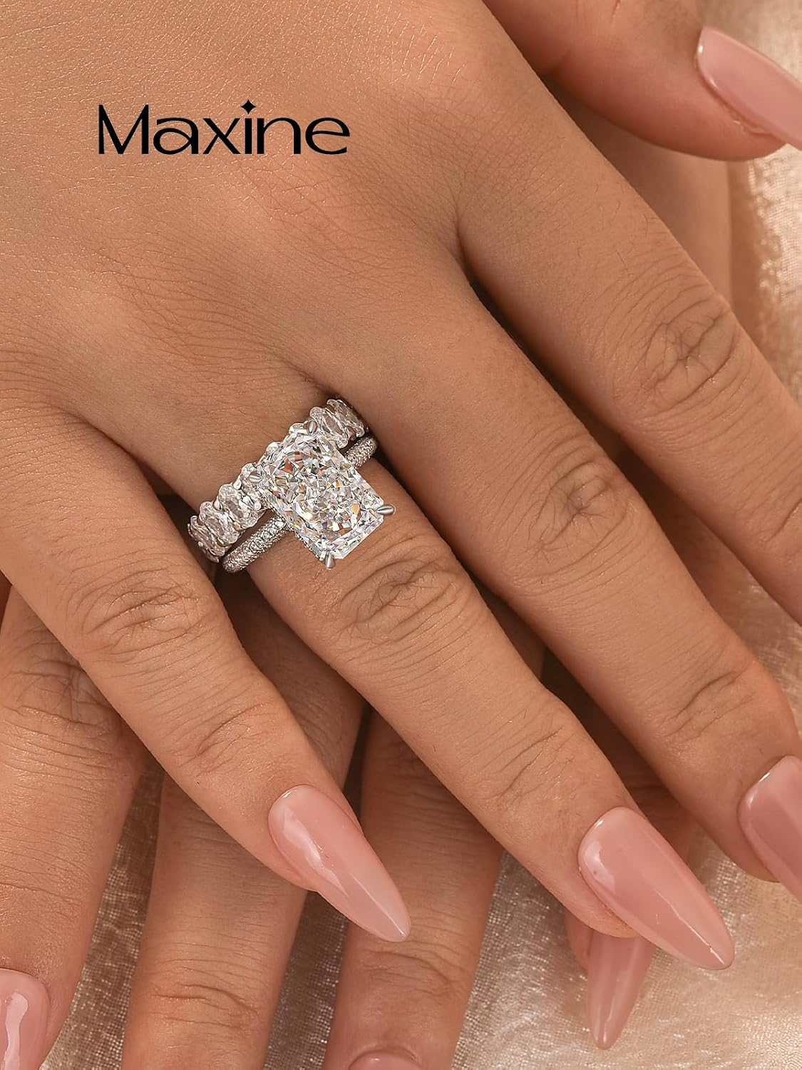 Maxinejewelry 4.5 Carat Radiant Cut Wedding Ring Set for Women,Extra-thick Gold Plated S925 Silver Engagement Ring and Half Eternity Wedding Band Set