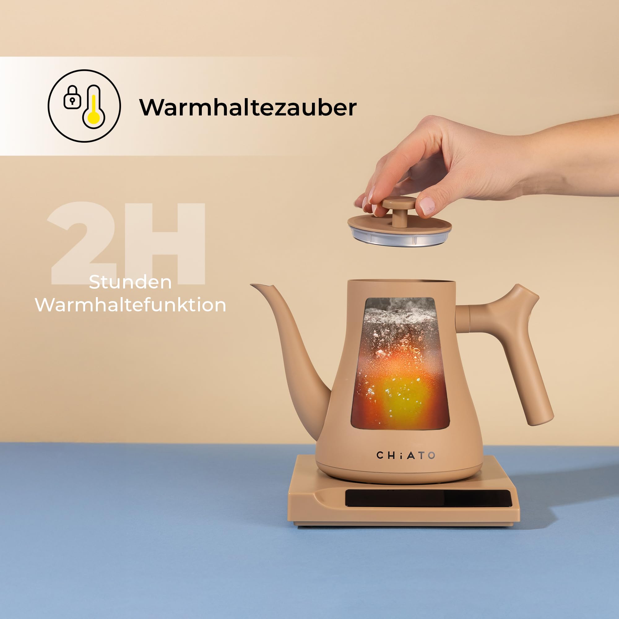 flowPLAY Wasserkocher Temperatur Einstellbar 0,6L – Kleiner Edelstahl Wasserkocher mit Warmhaltefunktion, Mini Wasserkocher Digital, Kompakt & Modern (Beige)