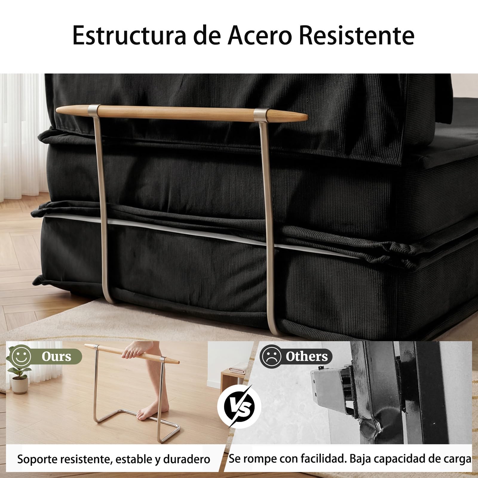 Vipbear 200cm Sofá Cama, Modular Desmontable Plegable 5 en 1, de Pana de Primera Calidad, Sofá Cama 3 Plazas Ideal para Espacios Reducidos, Negro