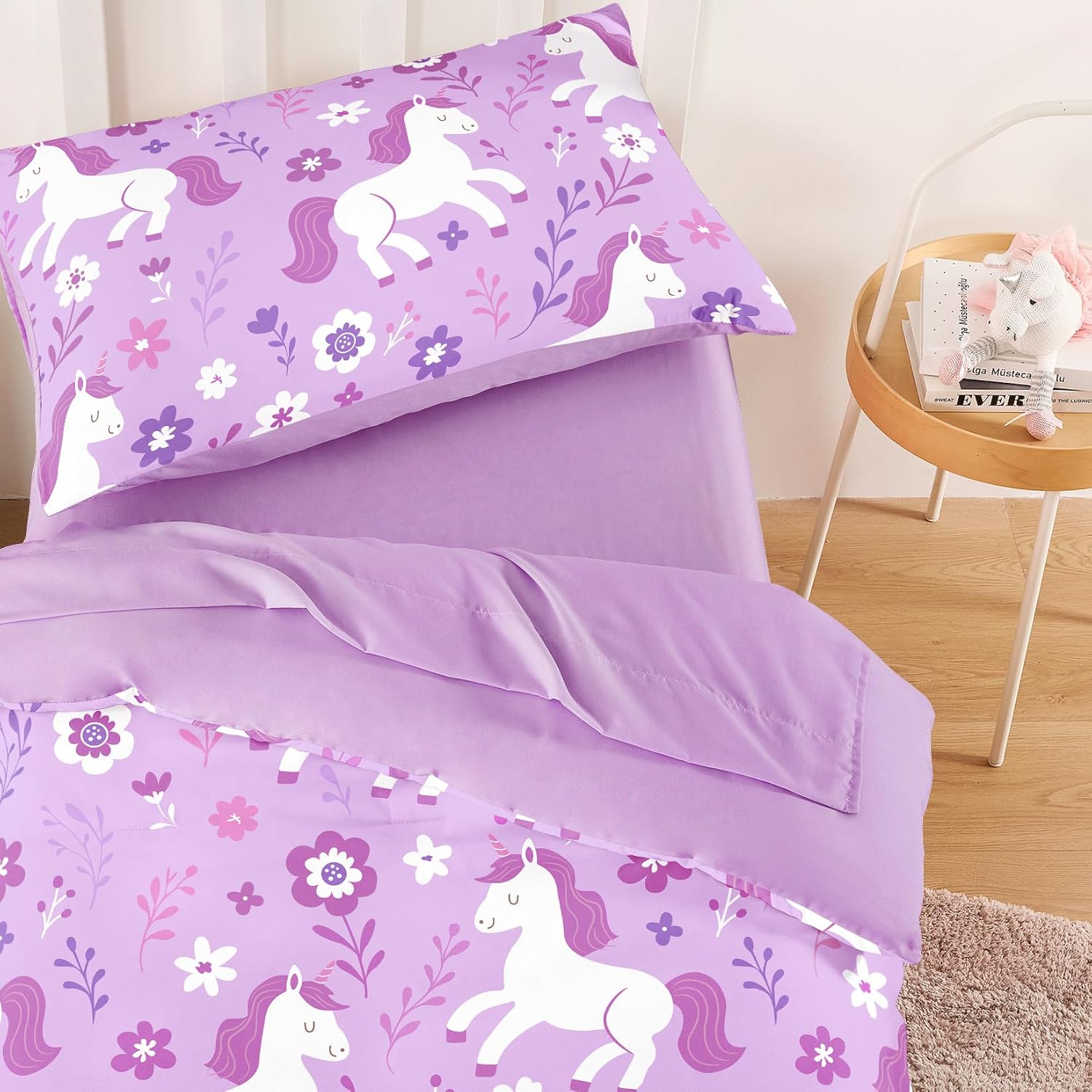 Wake In Cloud - Toddler Bedding Set for Girls, Cute Unicorn Floral Botanical, 4 Pieces Soft Crib Bed Set Including Comforter, Sheets and Pillowcase, Lavender