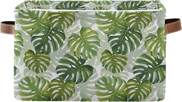 Mnsruu Large Foldable Storage Basket, Tropical Pattern Green Leaves Fabric Storage Bin Organizer Bag with Handles 15 x 11 x 9.5 inch