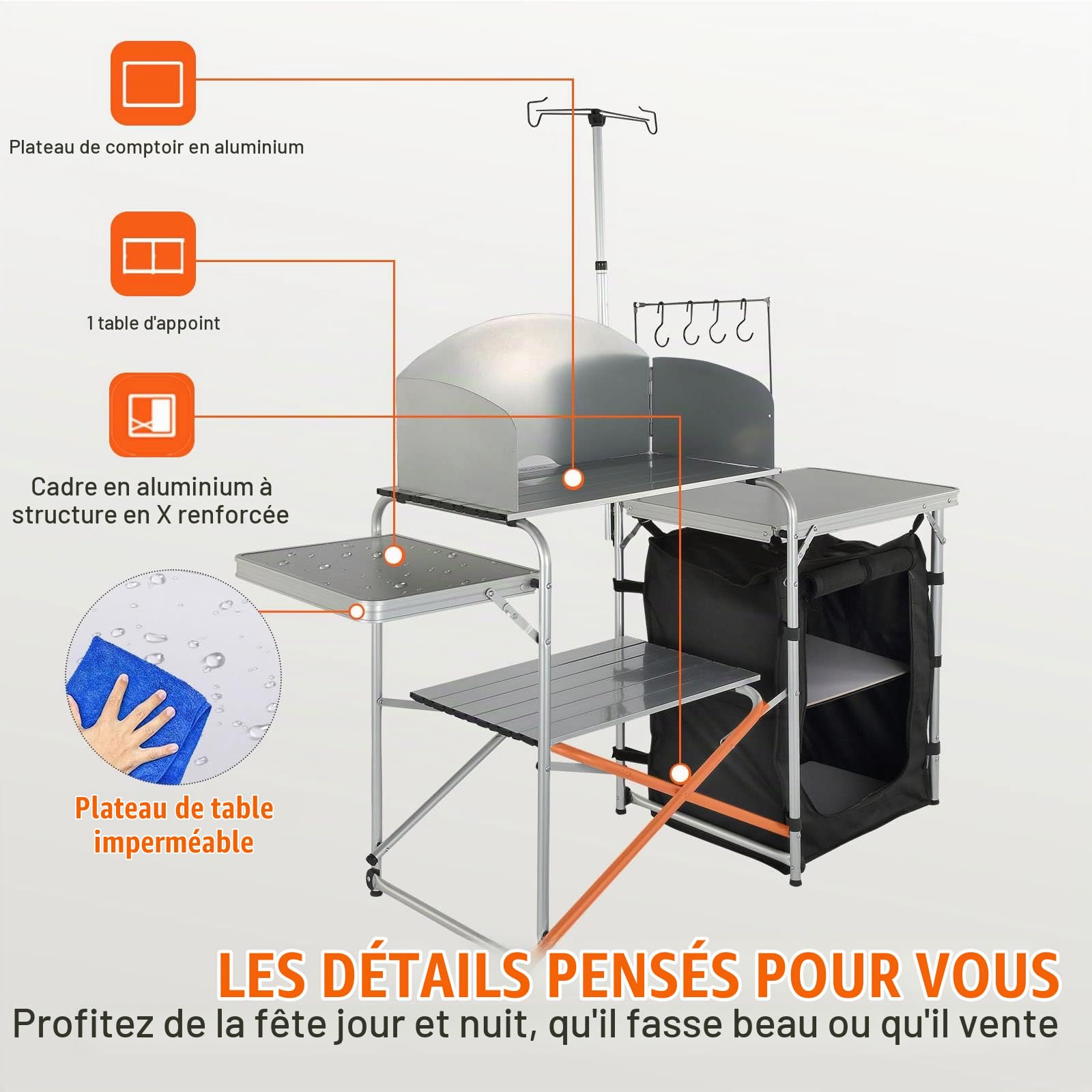 VEVOR Cuisine de Camping 146x46x168 cm Armoire de Camping Pliable Structure en Alu Grand Comptoir Meuble de Cuisine avec Pare-Brise 2 Compartiments avec Sac de Transport pour BBQ Pique-Nique Jardin