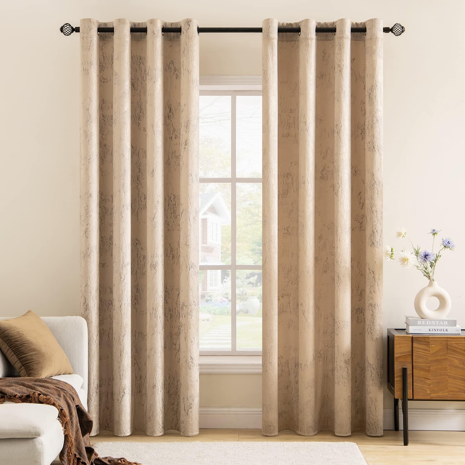 MIULEE Khaki Velvet Curtains with Gold Foil,2 Panel Set 78 Inch Drop Curtains,Blackout Curtains Bedroom Super Soft Thermal Insulated Eyelet Blackout Curtains for Living Room 55 x 78 Inch โ image 1