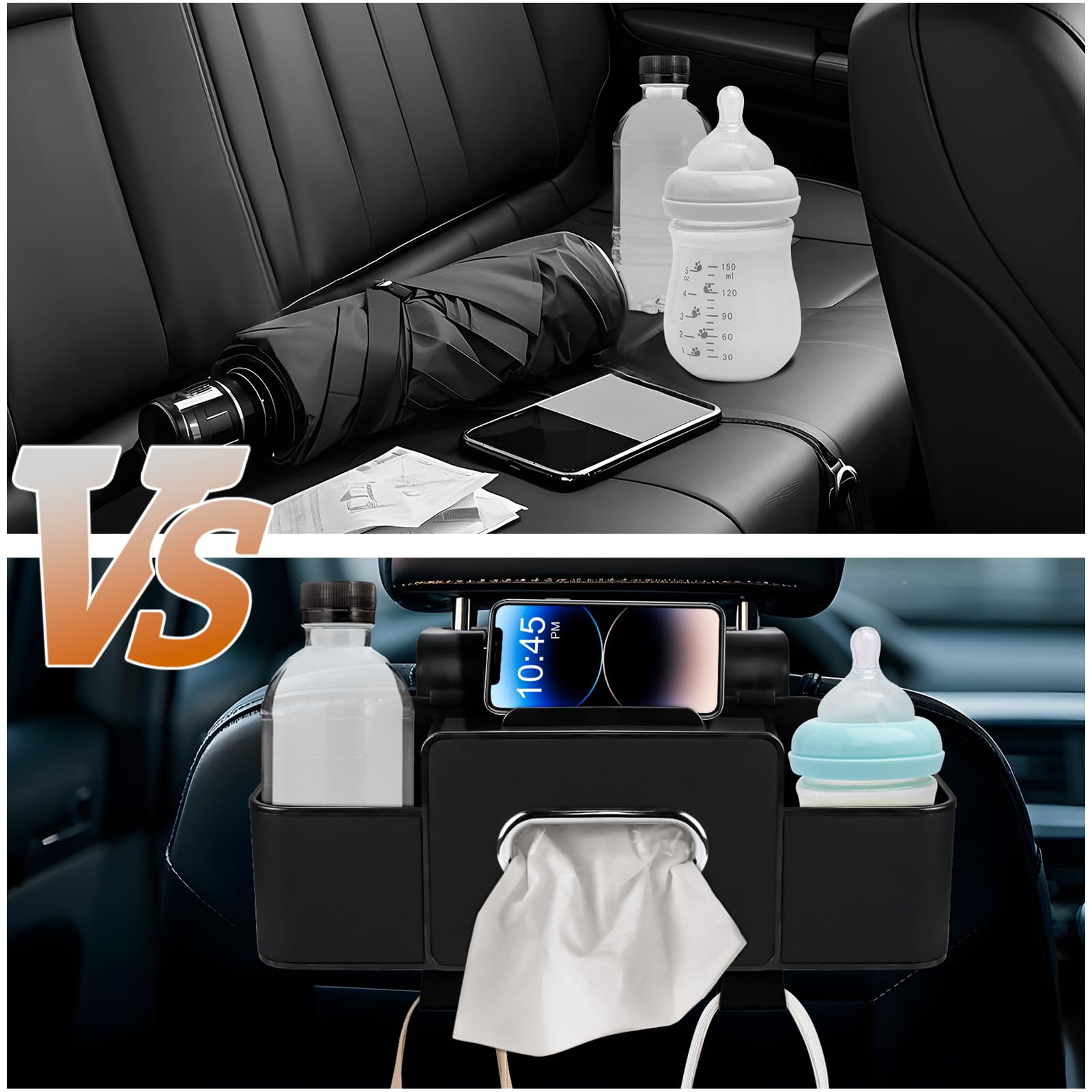 Organizador de asiento trasero de automóvil con pañuelos, caja de pañuelos para asiento trasero de automóvil y gancho de almacenamiento, organizador multifuncional para sostener teléfono,