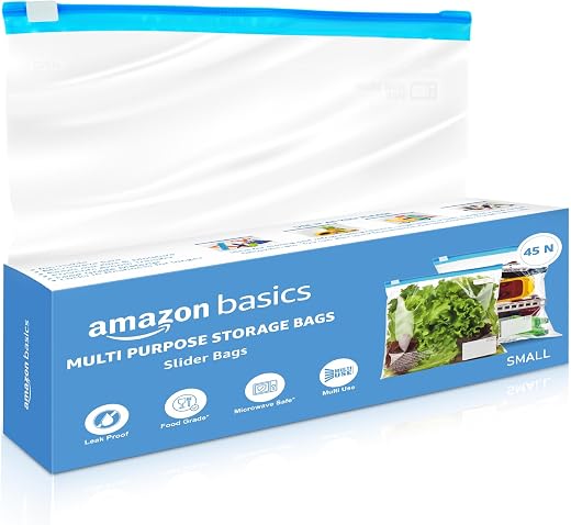 Amazon Basics - Multipurpose Slider Storage Bags | 45 Bags | Small | 21.3 x 18 cm | Reusable and Reclosable | Material Pla...
