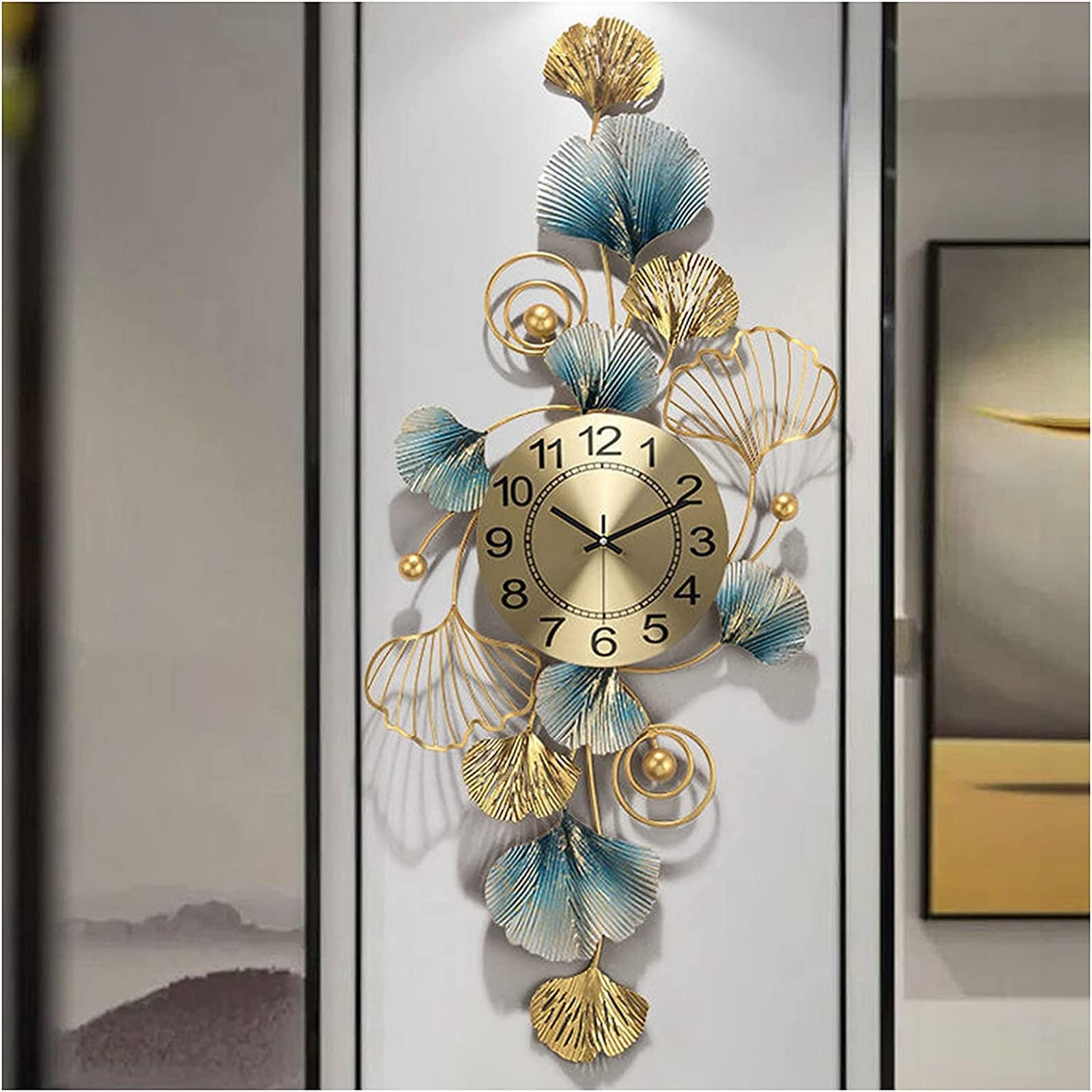 SaryEdge Wall Clock Art Simple Wall Clock 3D Metal Wall Clocks, Ginkgo Leaf Design Large Living Room Wall Watches Silent Non Ticking Modern Quartz Clock,40 * 90Cm Wall Decor Clock-A,A-40 * 90cm