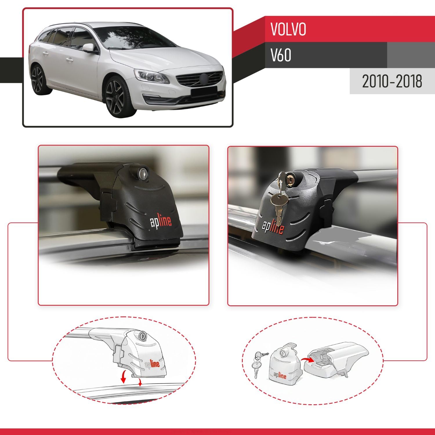 Compatible avec Volvo V60 2010-2018 ACE-2 modèle Barres de Toit Railing Porte-Bagages de Voiture Gris Aluminium Barres