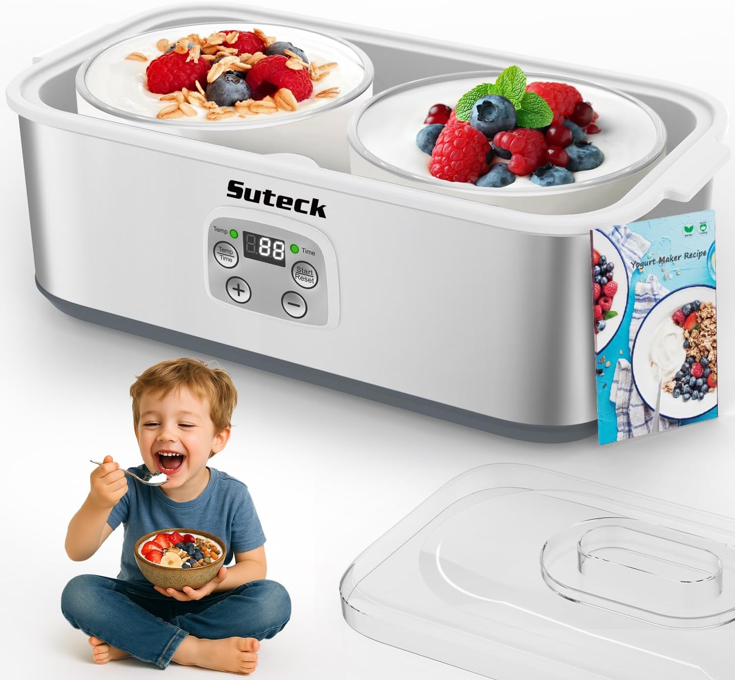 Suteck Stainless Steel Yogurt Maker: Adjustable Time & Temp, Auto Shut-Off, 2Qt BPA-Free Bowls for Greek & Probiotic Yogurt