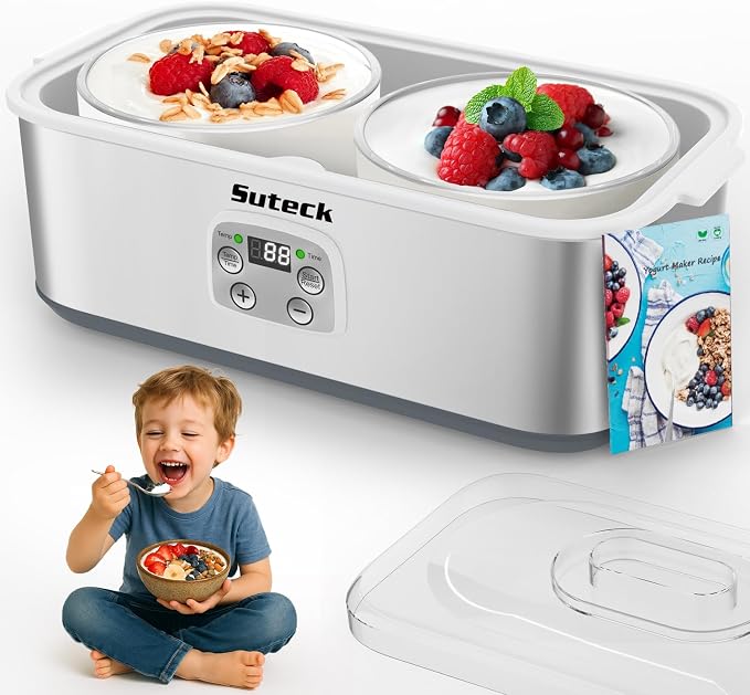 Suteck Yogurt Maker - Stainless Steel Yogurt Makers with Adjustable Time & Temp Control，Automatic Shut-Off & Constant Temper for Homemade Greek, Probiotic Yogurt, BPA-Free 2 Yogurt Bowls (2 Quart)