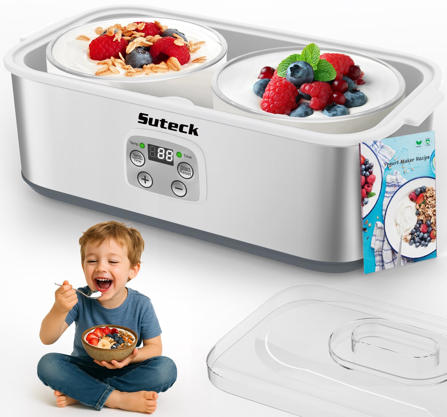 Suteck Yogurt Maker - Stainless Steel Yogurt Makers with Adjustable Time & Temp Control，Automatic Shut-Off & Constant Temper for Homemade Greek, Probiotic Yogurt, BPA-Free 2 Yogurt Bowls (2 Quart)