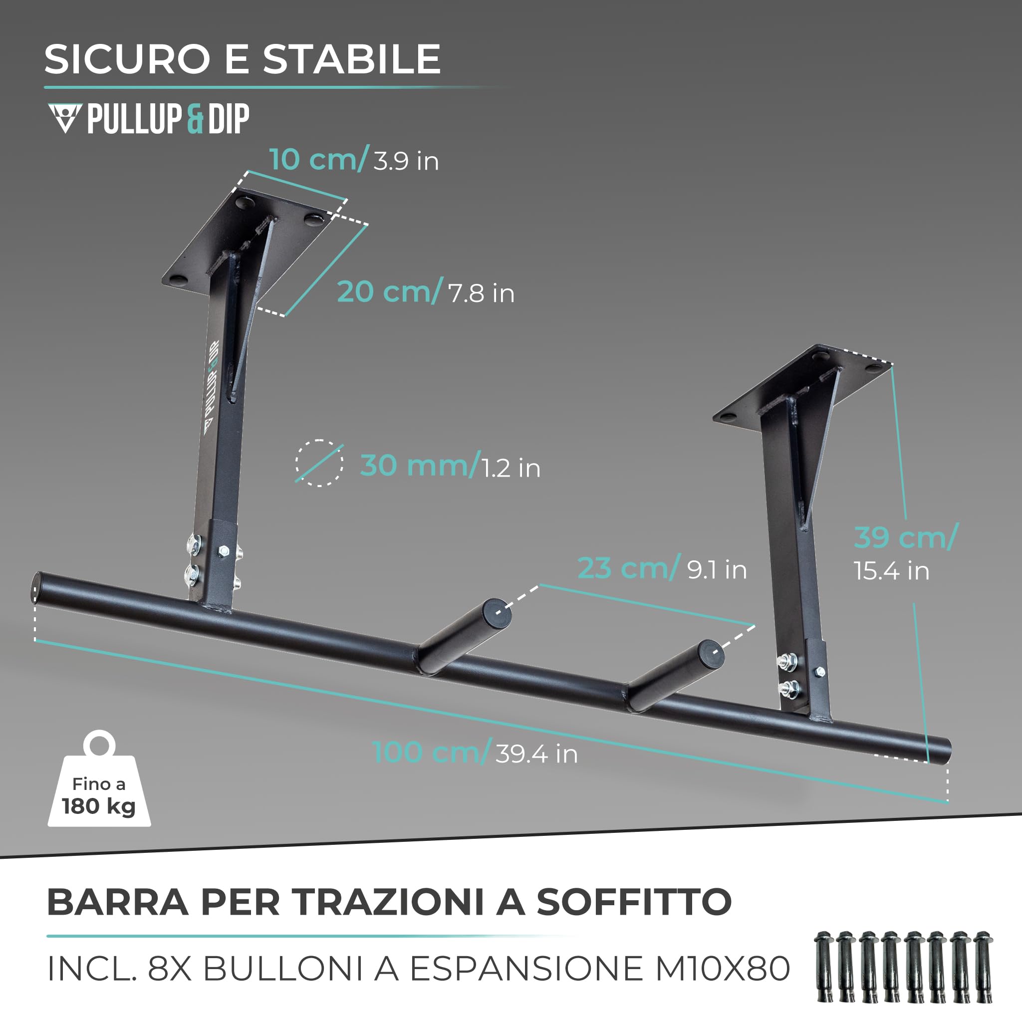 PULLUP & DIP Barra per trazioni da soffitto, portata 180 kg, impugnature antiscivolo a 5 prese per esercizi e pull-up, ideale per palestra domestica