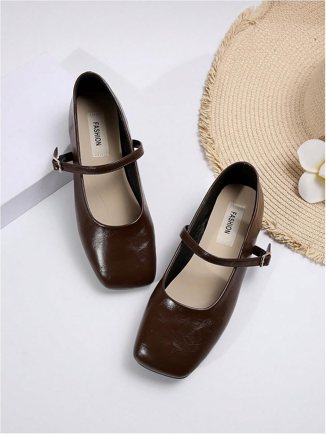 MakeMeChic Women's Leather Flat Shoes Closed Toe Slip on Ballet Flats with Buckle Strap