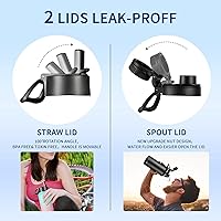 Vista 3 de Botella de agua aislada de 32 onzas, botella de agua deportiva de acero inoxidable, 2 tapas con tapa con popote, tapa de boquilla, botellas de agua