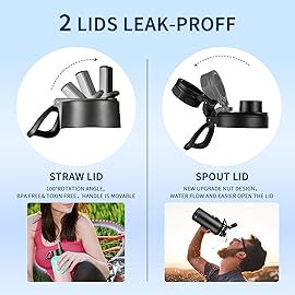 KXIAOCHEN Insulated Water Bottle, Stainless Steel Water Bottle, 2 Lids (Straw and Handle Lid),Wide Mouth Metal Water Bottles Keep Hot and Cold, Double Walled, Thermo Mug, Metal Canteen