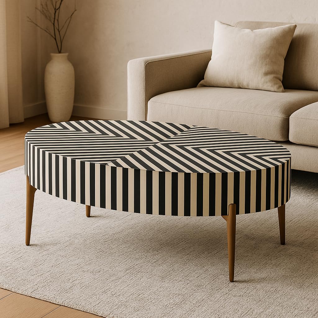 Bone Inlay Oval Drum Coffee Table – Black Colour | Handmade Floral Inlay Center Table – W120 x D65 x H43 cm | Luxury Living Room Furniture-image-21