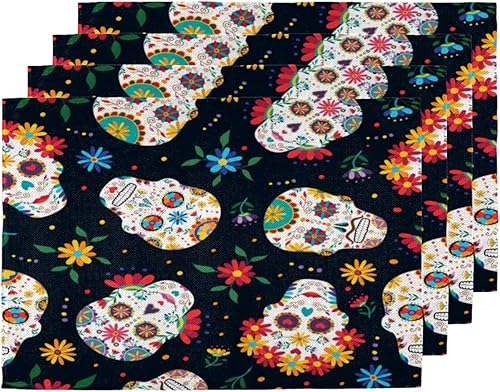 Fun Sugar Skulls Decor Placemats Set of 4 Table Mats Washable Placemat Waterproof Place Mats for Party Home Dining Table Decor 18x12 in