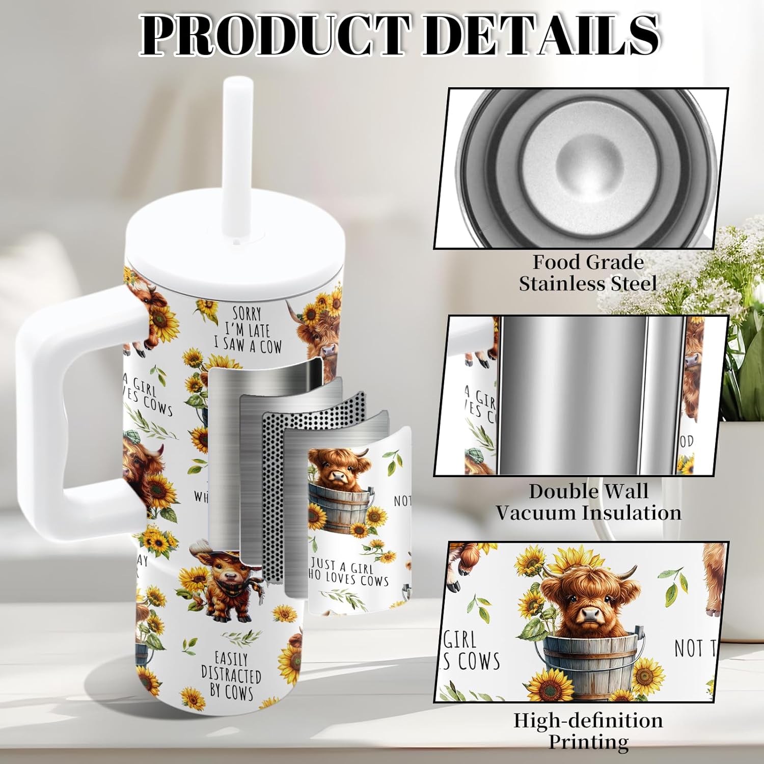 DUUV 24 OZ Tumbler with Handle, Cute Stainless Steel Insulated Mug, Birthday Gifts for Women Girls, 1PCS, White - Image 3