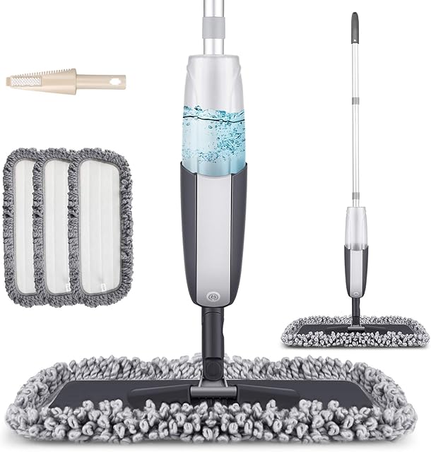 Spray Mop for Floor Cleaning - MANGOTIME Microfibre Floor Mop Dry Wet Mop for Laminate Wooden Hard Floor Tile Vinyl LVT Floors Kitchen Mop with 3 Washable Pads 1 Refillable Bottle 1 Scraper (Black)
