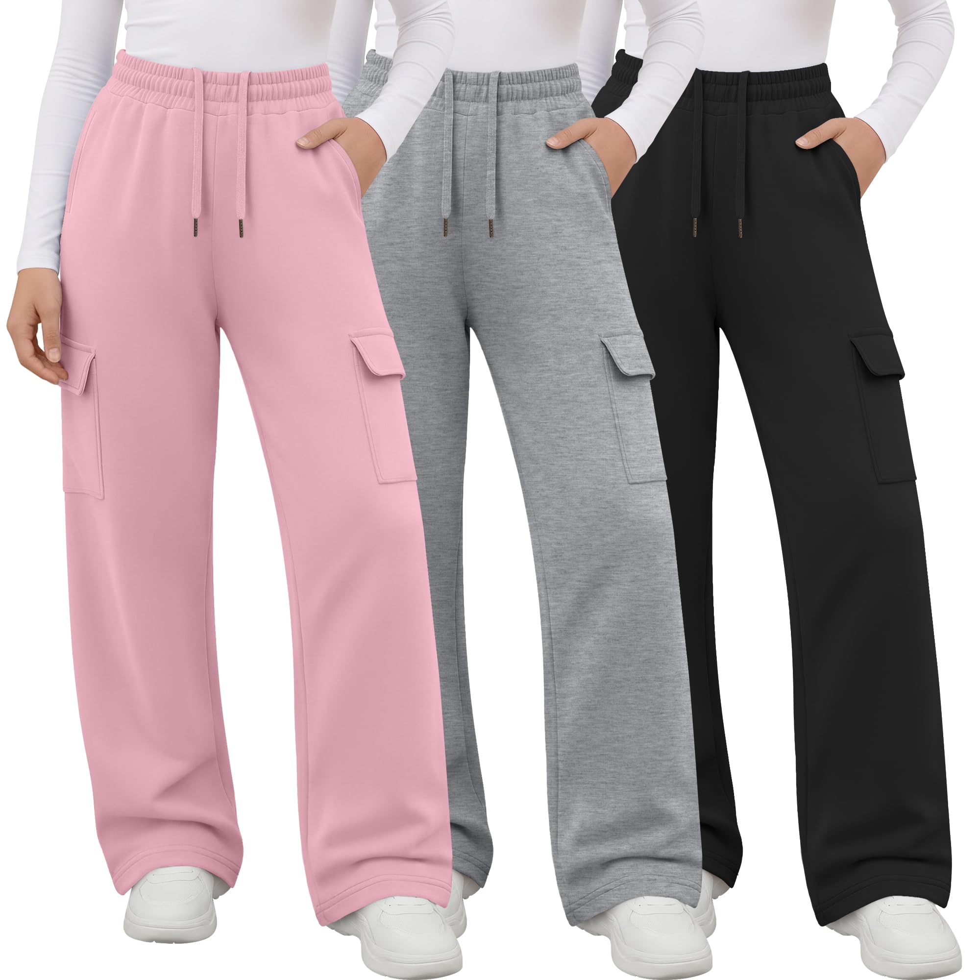 3 Pack Girls Cargo Pants Wide Leg Sweatpant 5-14 Y Light Pink, Light Heather Gray, Black 7-8 Years