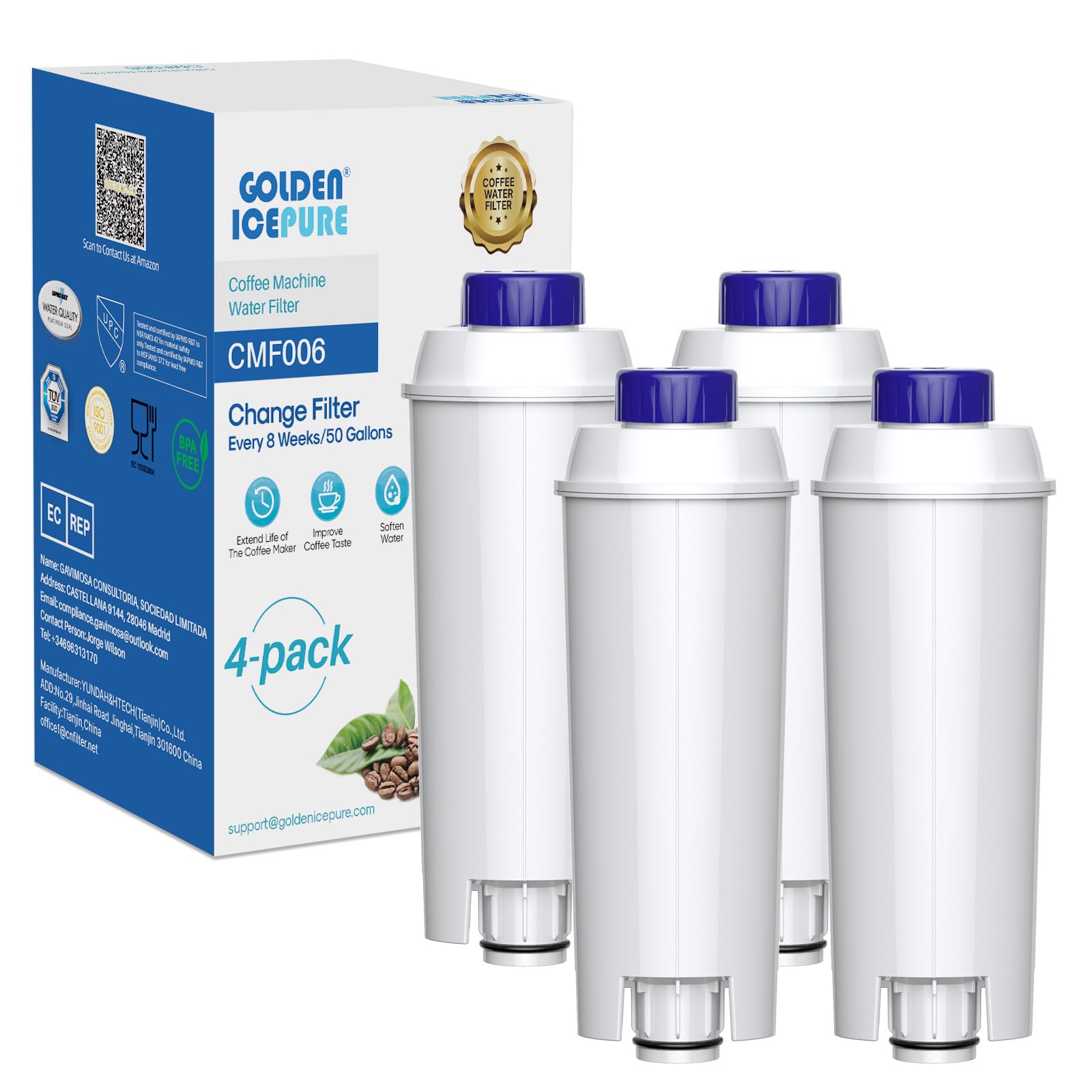 GOLDEN ICEPURE Wasserfilter Kaffeevollautomat Kompatibel mit De'Longhi DLSC002, SER3017 & 5513292811, ECAM, ESAM, ETAM, BCO, EC-Serie,4 stück