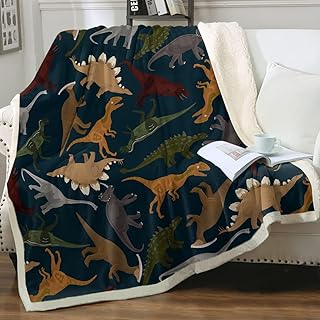 Sleepwish Dinosaur Blanket for Boys Girls - Navy Blue Jurassic Dino Park Kids Blanket - Soft Cozy Fleece Throw Blanket Green & Brown Dinosaur Pattern Sherpa Blanket Teens Birthday Gift (Throw 50