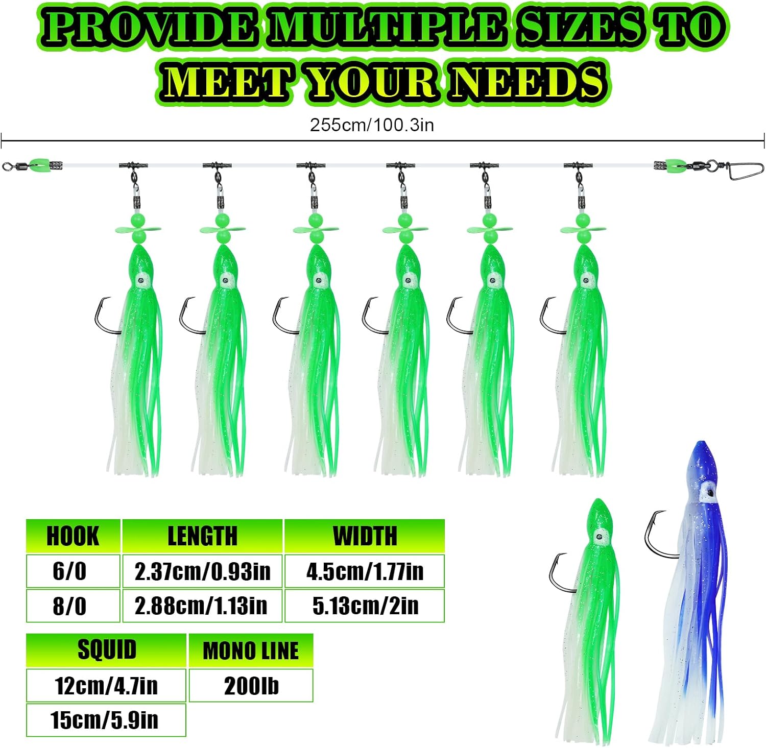 2 Pcs Deep Drop Rig, Glow Squid Lures with 3/6 Hooks, 200lb Leader & 6/0 8/0 Circle Hooks, Saltwater Flounder Halibut Rigs Glow in Dark