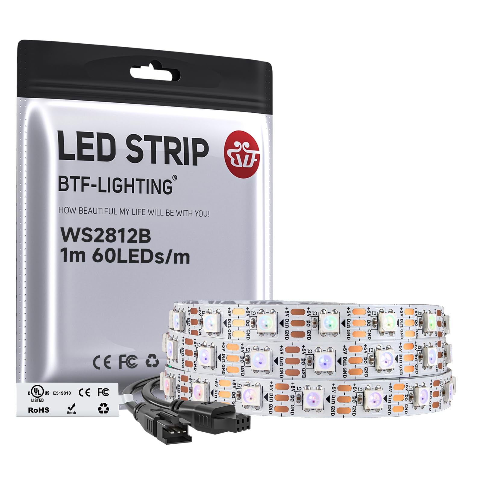 BTF-LIGHTING WS2812b 3.2FT 1m 60leds 60pixels White PCB Individually Addressable Rose Light 5050SMD Flexible LED Strip Dream Color IP30 Non-Waterproof DC5V for Indoor Lighting