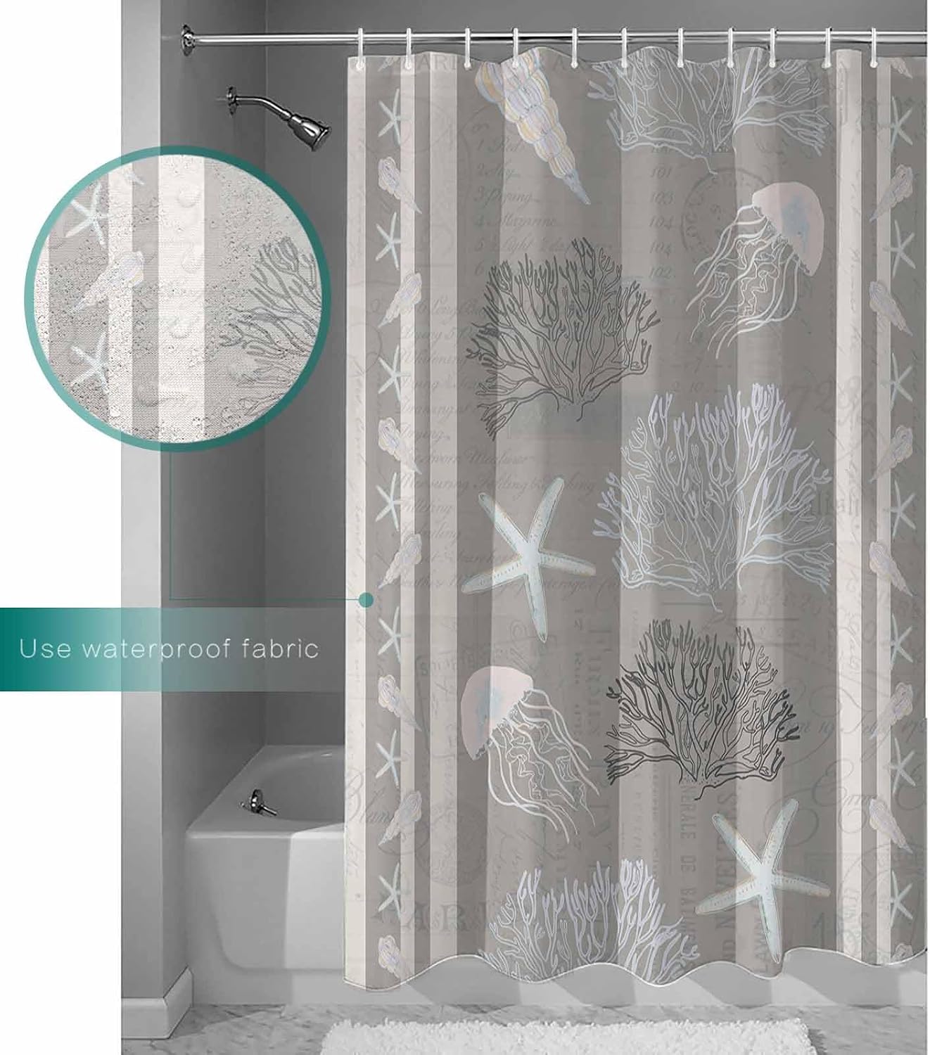 Gray Coastal Shower Curtain, Stall Shower Curtains for Bathroom/Bathtub, Nautical Beach Summer Sea Starfish Coral Waterproof Fabric Shower Curtain Set with 12 Hooks, 60" x 72"