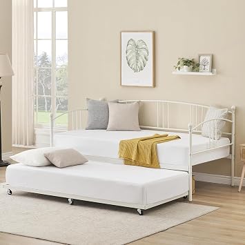Space-Saving Metal Daybed with Pull-Out Trundle Twin Size, Sturdy Steel Slat Support, Arched Headboard, Easy Assembly, Ideal for Kids, Teens & Adults, Living Room or Guest Room, White, Twin