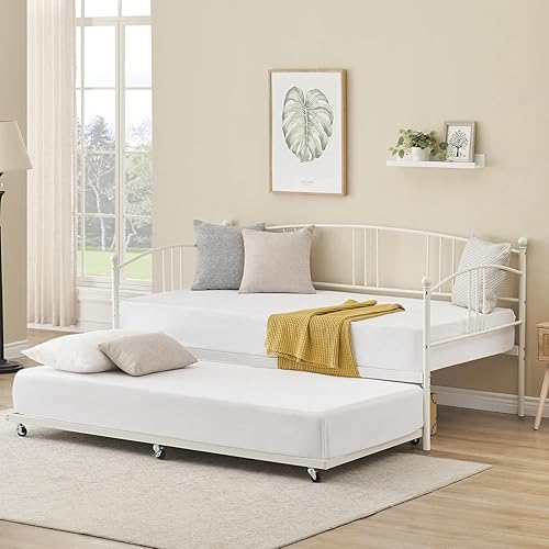 Jojoka Space-Saving Metal Daybed with Pull-Out Trundle – Twin Size, Sturdy Steel Slat Support, Arched Headboard, Easy Assembly, Ideal for Kids, Teens & Adults, Living Room or Guest Room, White, Twin