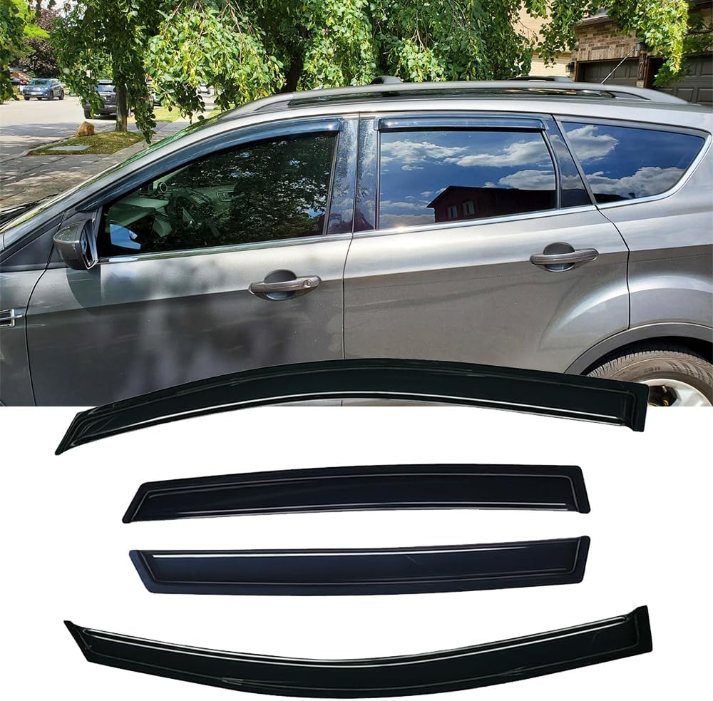 94383 Side Window Wind Vent Deflector fit for 2013-2019 Ford Escape, 4pcs Out-Channel Tape-On Shade Rain Guards Set, Dark Smoke Nice Window Visor
