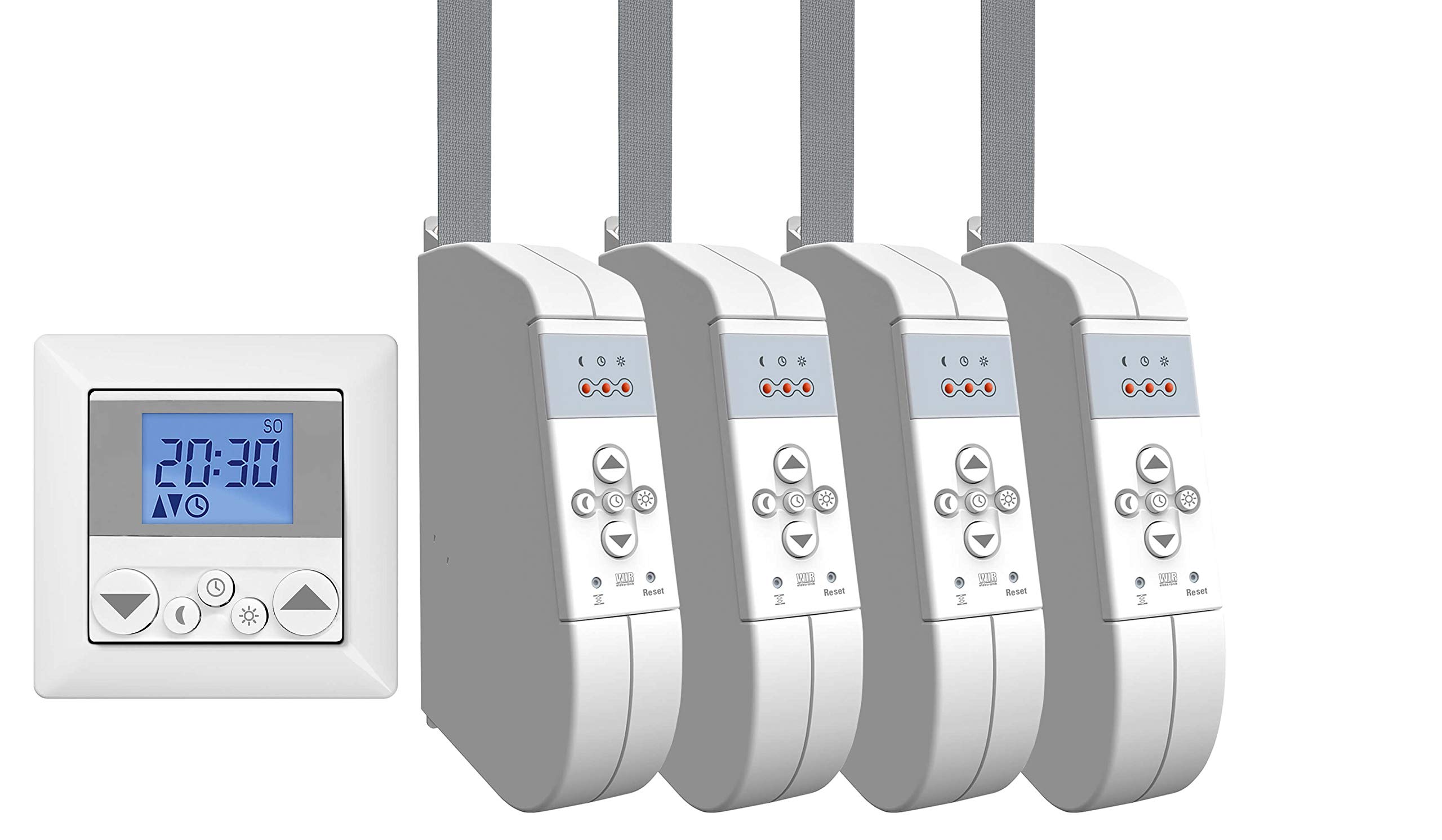 WIR elektronik, eWickler Standard 4 Fenster Funk-Set, eW930-F-M, 4x elektrischer Gurtwickler + 1x Funkuhr eU140, für 15mm Gurtband, Aufputz, bis 45Kg, Fahrtzeiten einstellbar, inkl. Netzstecker