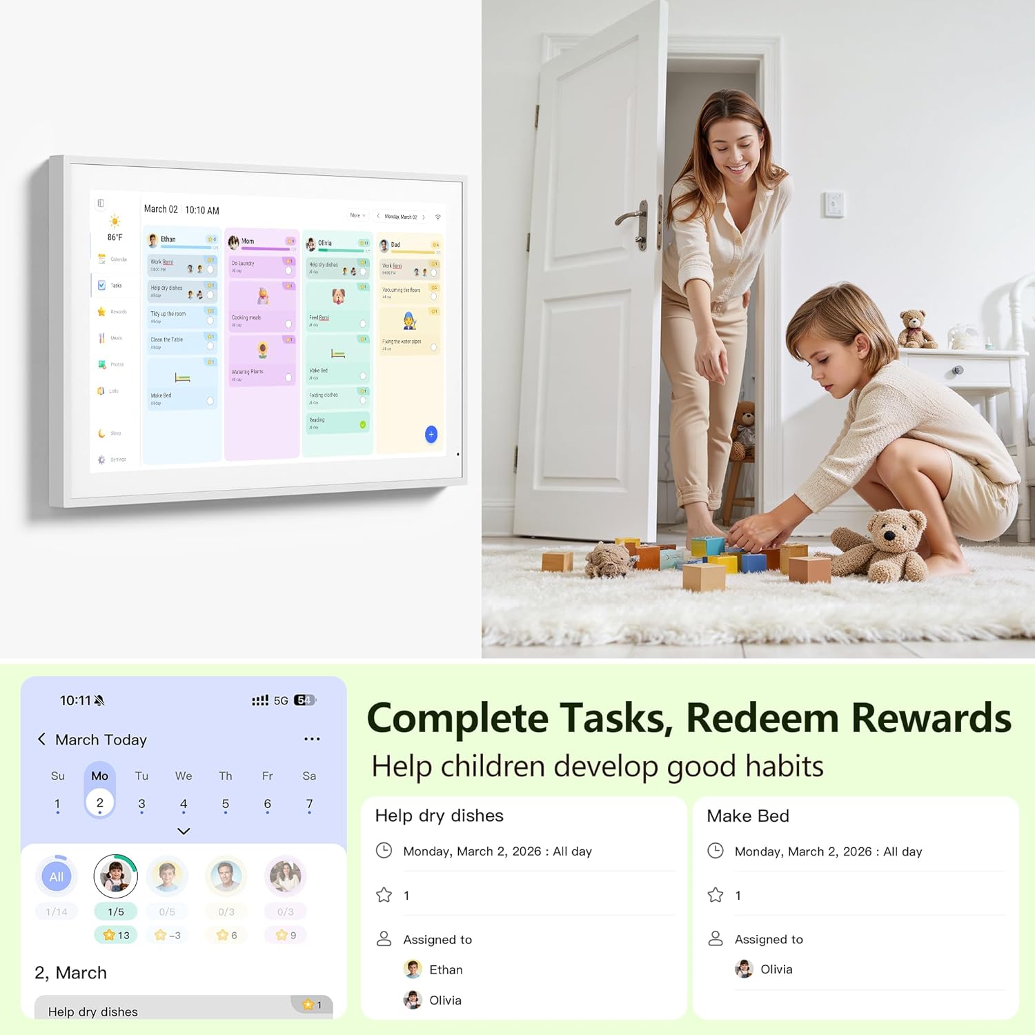 Digital Calendar, 15.6 Inch Wall Planner Electronic Calendar & Chore Chart, Smart Touchscreen Interactive Display for Family Schedules, Great for Organizing Your Routines, Wall & Desk Mountable