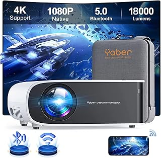 Projector with WiFi and Bluetooth, 4K Support Native 1080P Outdoor Projector YABER 18000 Lumens 450 ANSI 300" Display, 4P 4D Keystone&Zoom Portable Movie Projector for HDMI VGA USB iOS Android