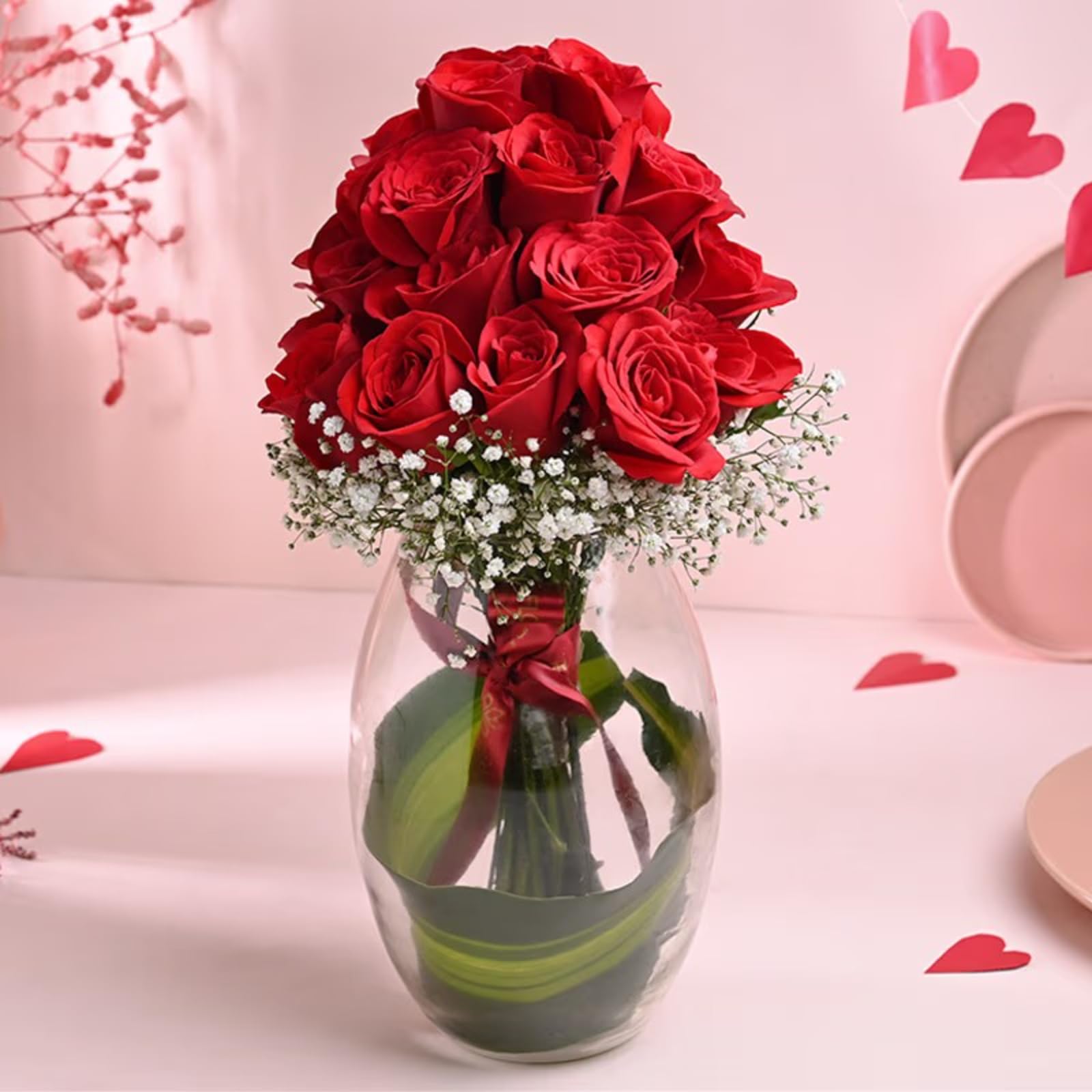 FlowerAura Fresh Live Flower Bouquet of 24 Red Roses Flowers In Vase For Birthday Gift, Anniversary Gift, Wedding Gift, Congratulations Gift & Gift For Special Occasions (Same Day Delivery)