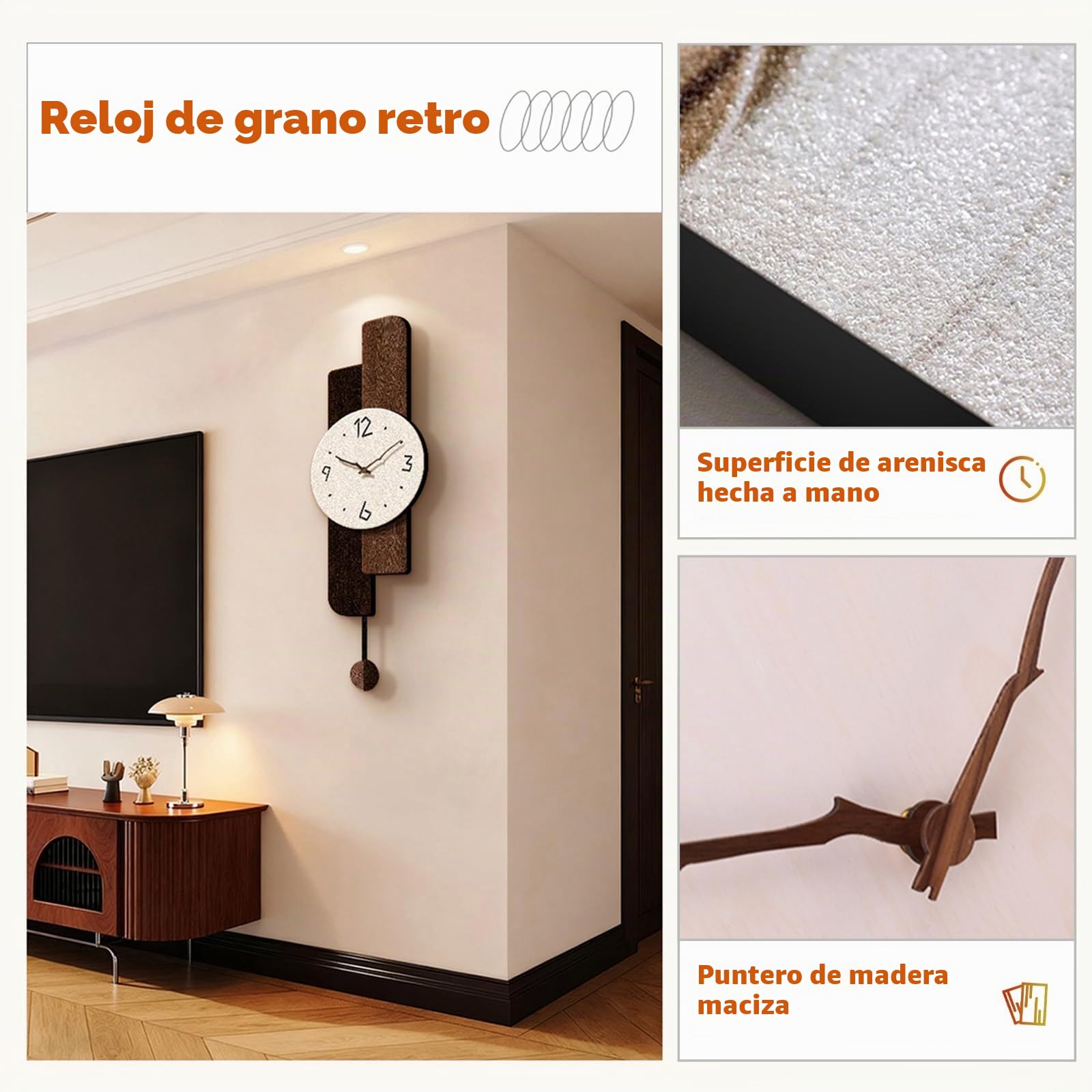Reloj De Pared Diseño Minimalista Moderno Movimiento Cuarzo Silencioso Sin Tic-TAC, Estilo con Péndulo, Acabado En Arenisca Y Manecillas De Madera, para Hogar, Salón, Dormitorio Y Oficina