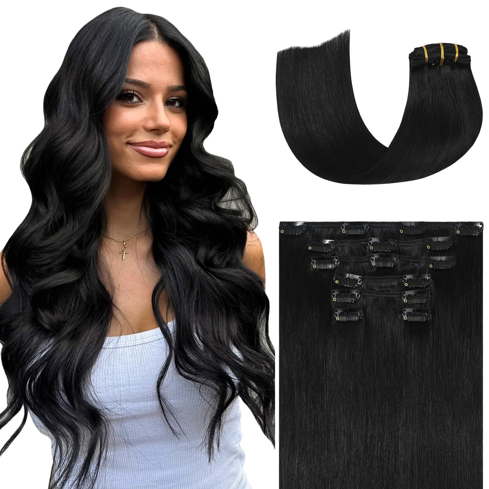 Ukira Black Real Hair Extensions Clip in Human Hair, 75g 20 Inch 7pcs 1B Natural Black Remy Human Hair Extensions Clip ins for Women, Silky Natural