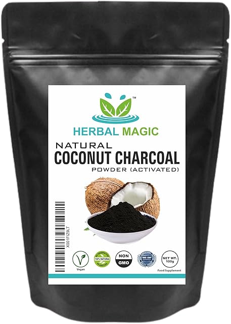 Herbal Magic Activated Coconut Charcoal Powder Food Grade Quality Excellent Detoxifying, Cleansing Properties Naturally Supports Skin, Body Care & Oral Care,UKAS LAB TESTED IN THE UK-100g