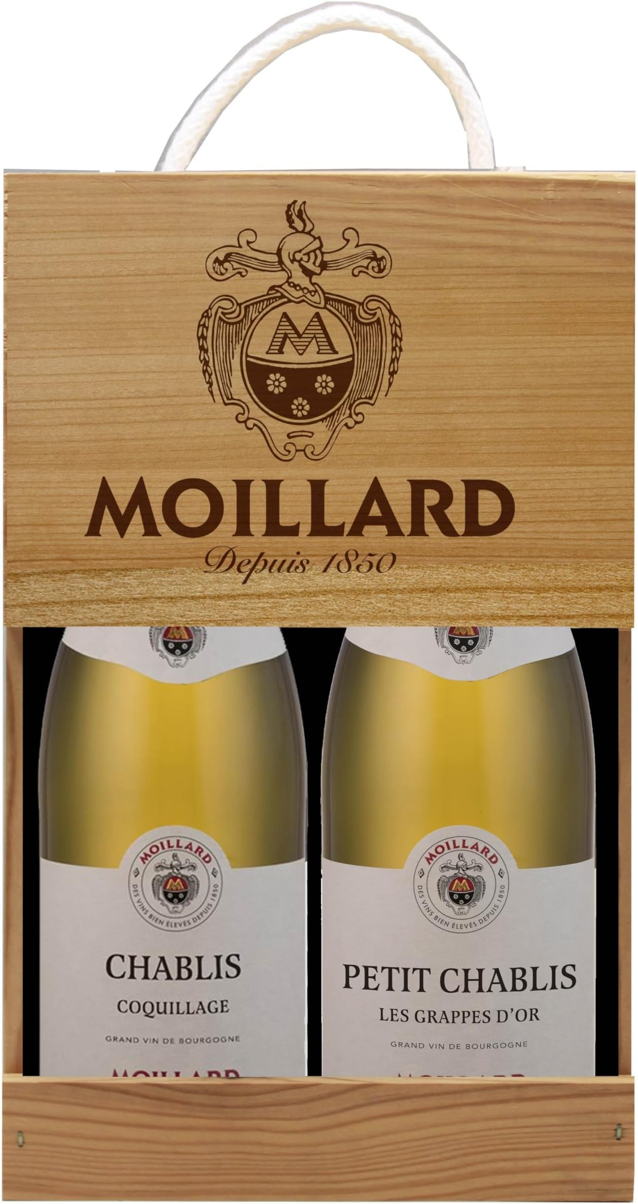 Moillard - Coffret cadeau Chablis et Petit Chablis, Chardonnay Vin Blanc, Grand Vins de Bourgogne en caisse bois (2 x 0,75L) (Lot de 6)