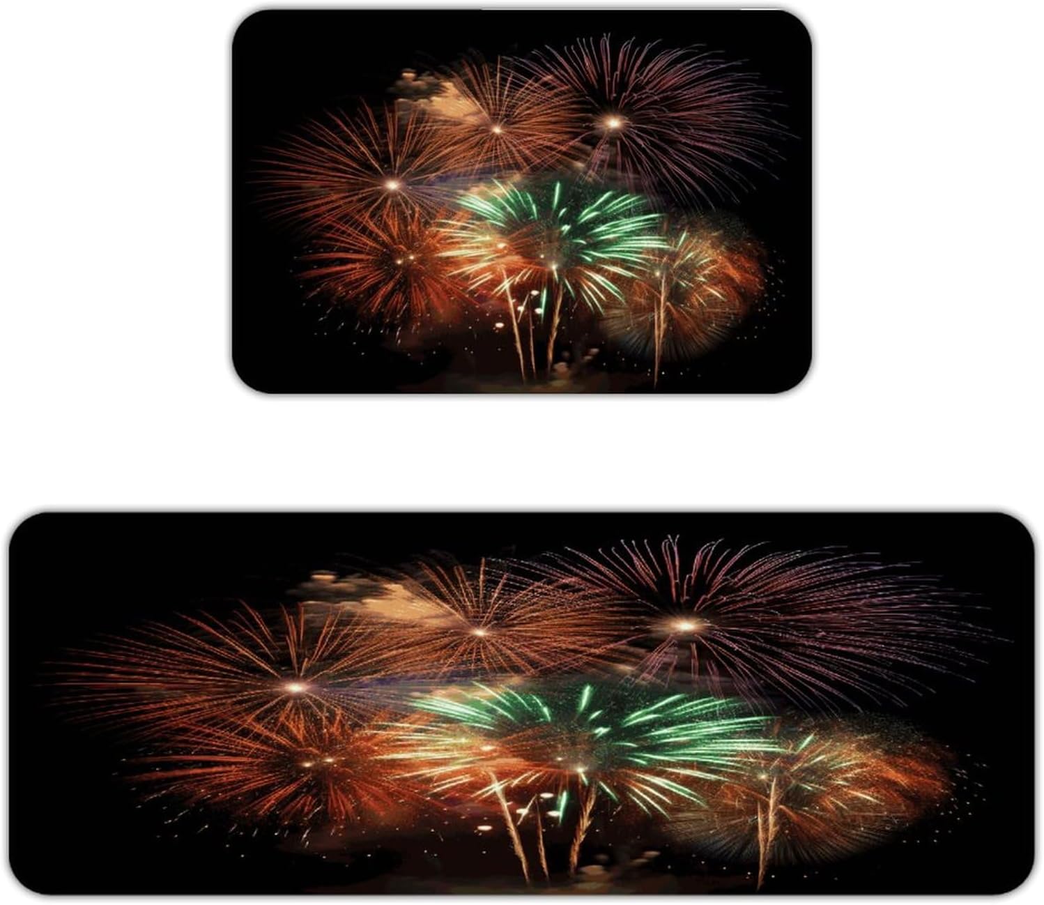 Splendid Fireworks Kitchen Mat Set of 2 Ergonomic Comfort Velvet Rugs Cushioned Anti-Fatigue Non-Slip Standing Mats Thick Kitchen Floor Mat Carpet Runner Rugs 16"×24"+17"×47"