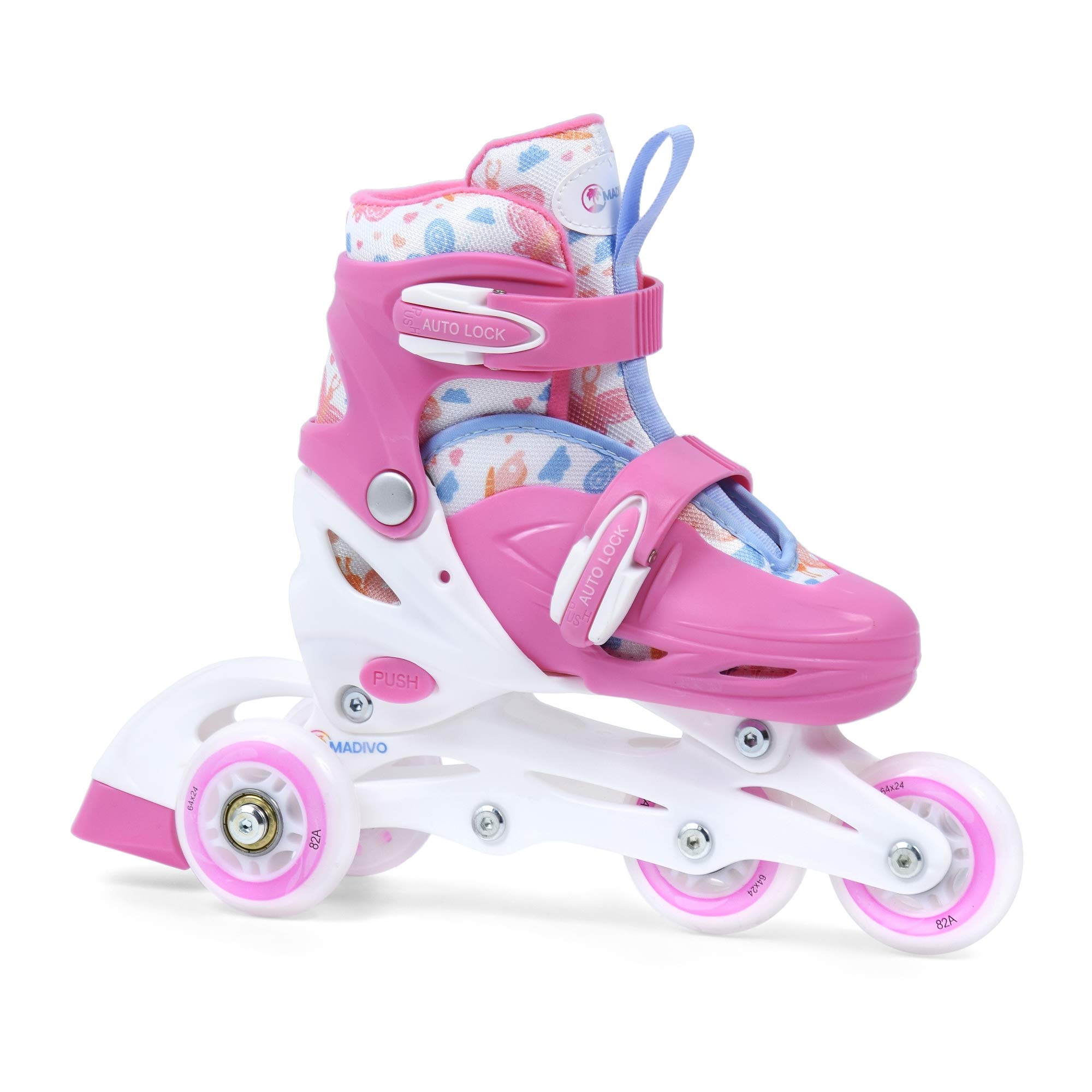 Madivo Cottoncandy Lot de 2 Rollers 2 en 1 réglables pour Fille | Patins à roulettes ABEC-5 | Rollers en Ligne transformables en Patins à roulettes | Blanc/Rose | Tailles : 26-29, 30-33