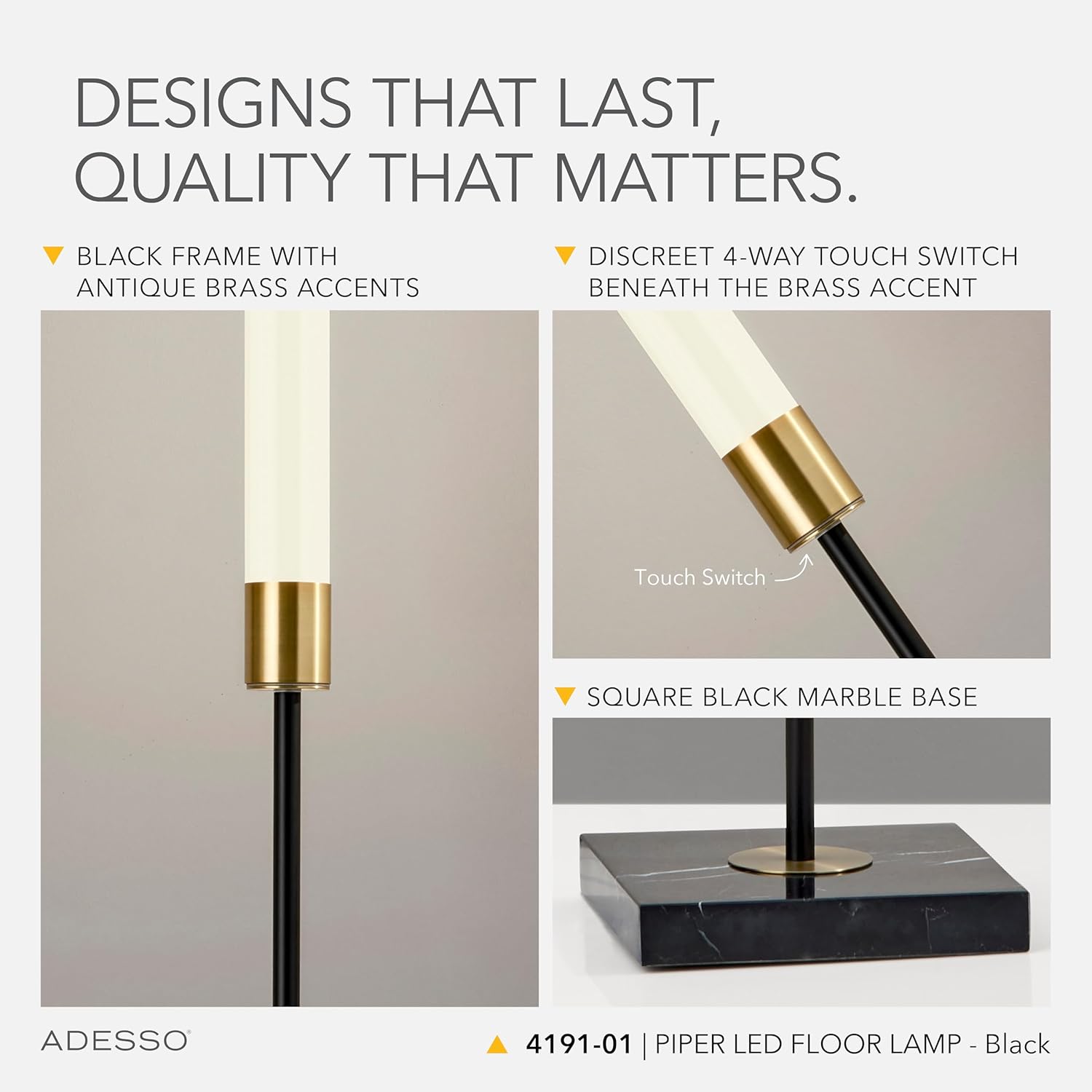 Adesso LED Floor Lamp – Black with Antique Brass and Frosted Shade, 4-Way Brightness, 12W Integrated LED Accent Light for Living Room, Bedroom, and Home Office, 72” Tall