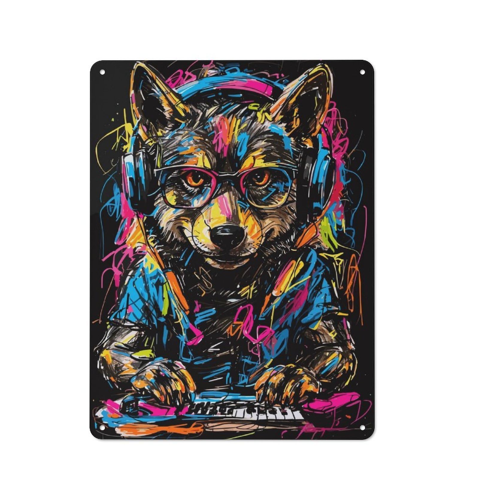 Junmoney Wolf Headphone Music Tin Sign 40X30cm For Workshop Wall, Rustic Wall Decor, Suited To Workshop Decor Fans