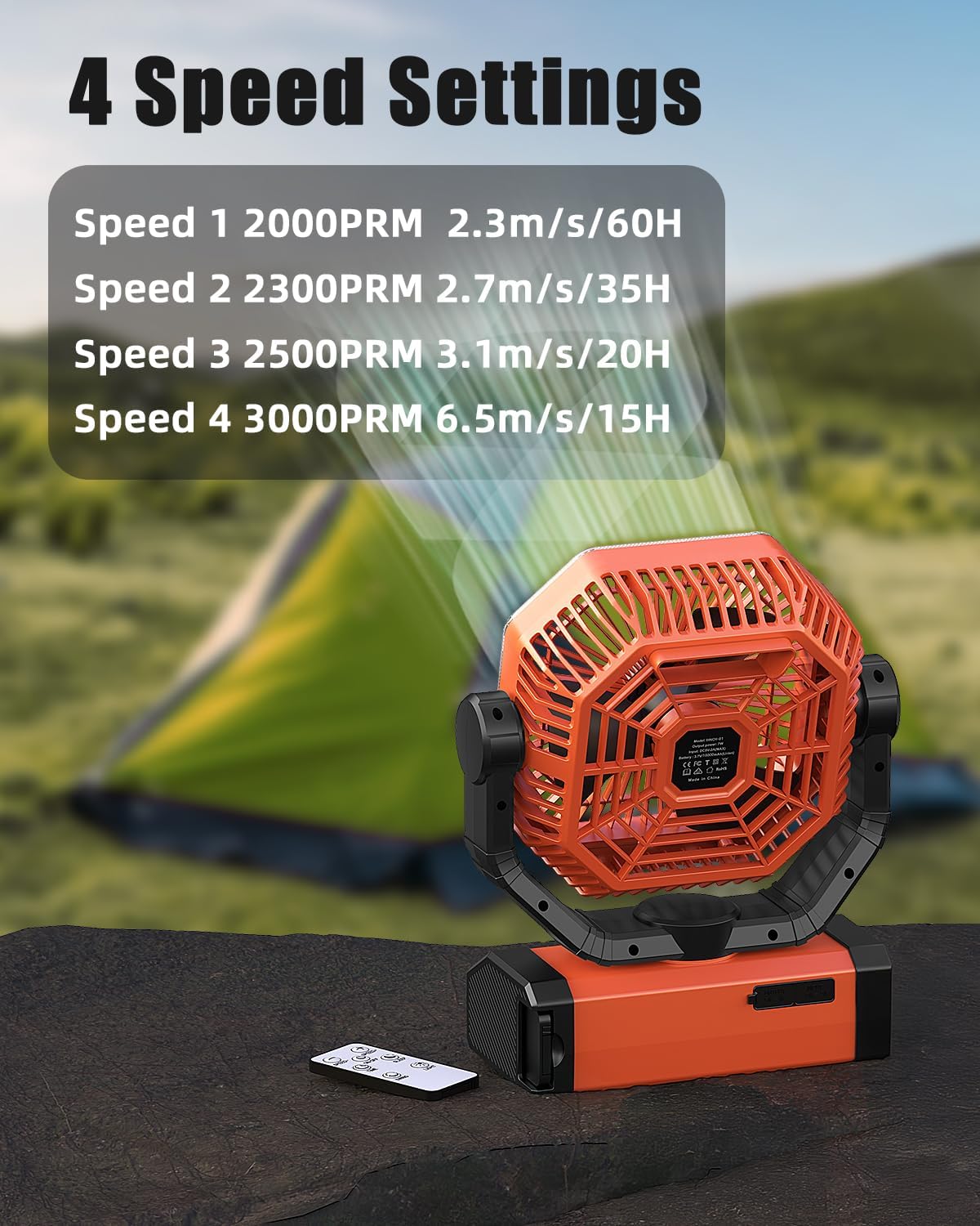 battery powered fan - 9-inch rechargeable fan portable, 24000mah(60hrs) camping fans for tent, auto oscillation cordless, tent fans for camping with remote/light, 4 speeds, 4 timing, outdoor 24000mah-orange