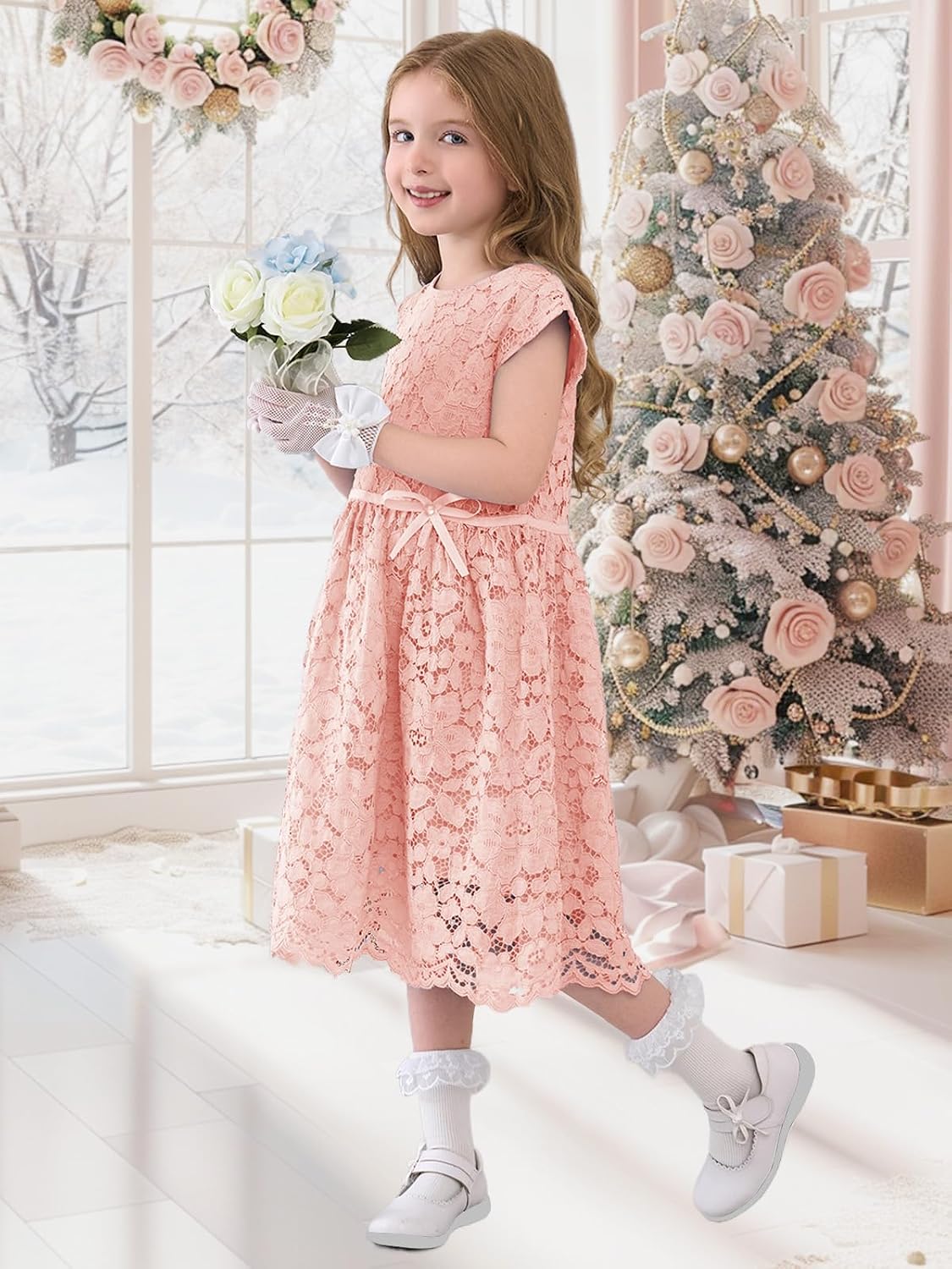 ALLOVIN Girls & Toddlers Spring Graduation Sleeveless A-Line Lace Party Dress Flower Girl Dress with Beaded Bowknot 2-12Y