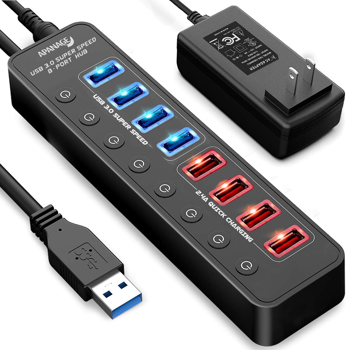 APANAGE 8 Port Powered USB 3.0 Hub Splitter,4 Port USB Data Hub+4 Smart 2.4A Charging Ports USB Hub,12V/4A Power Adapter with On/Off Switche for Mac Pro/Mini, iMac Air,Laptop,PC,TV, HDD,Flash Drives