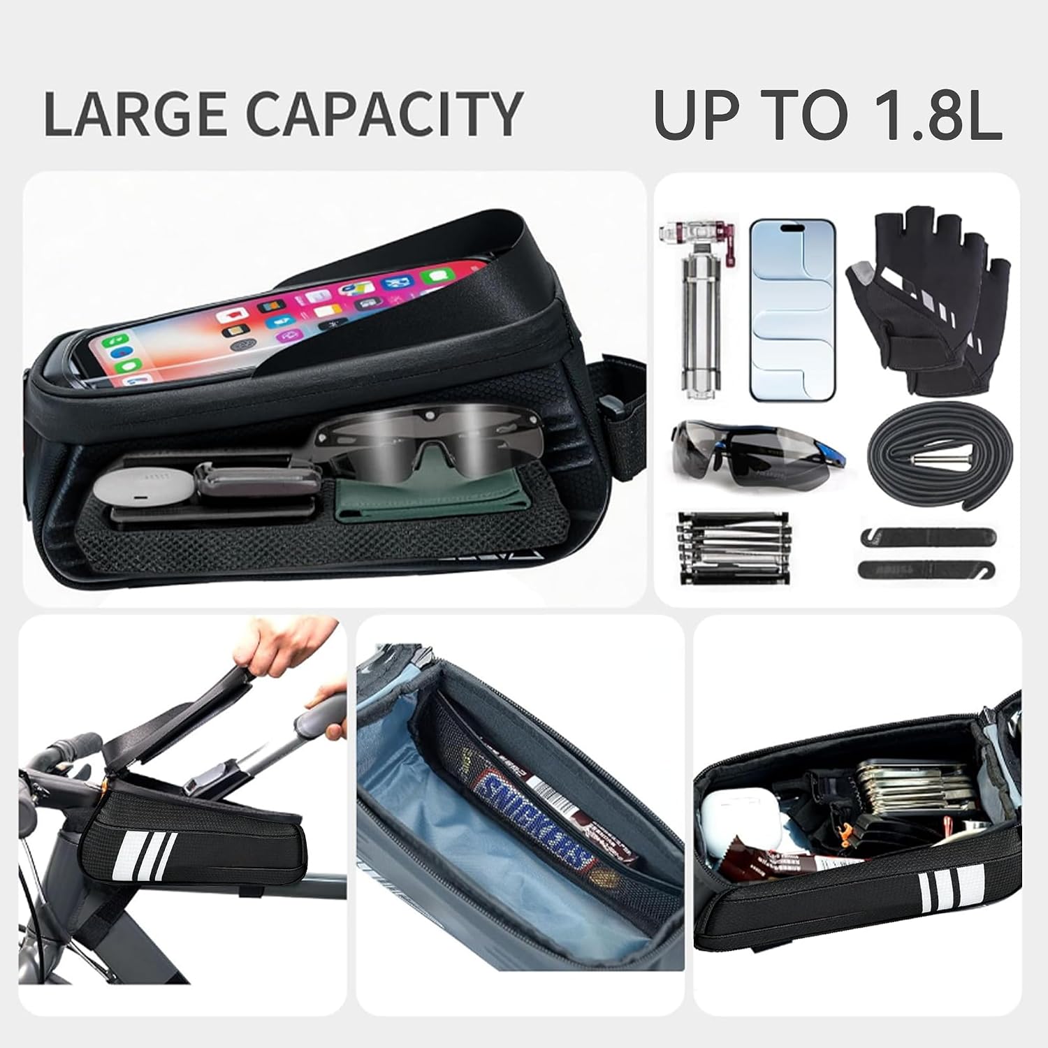 Bike/Bicycle Phone Front Frame Bag, Bike Phone Holder Mount, Cycling Pouch with Rain Cover,Bike Accessories for Phones Under 7”