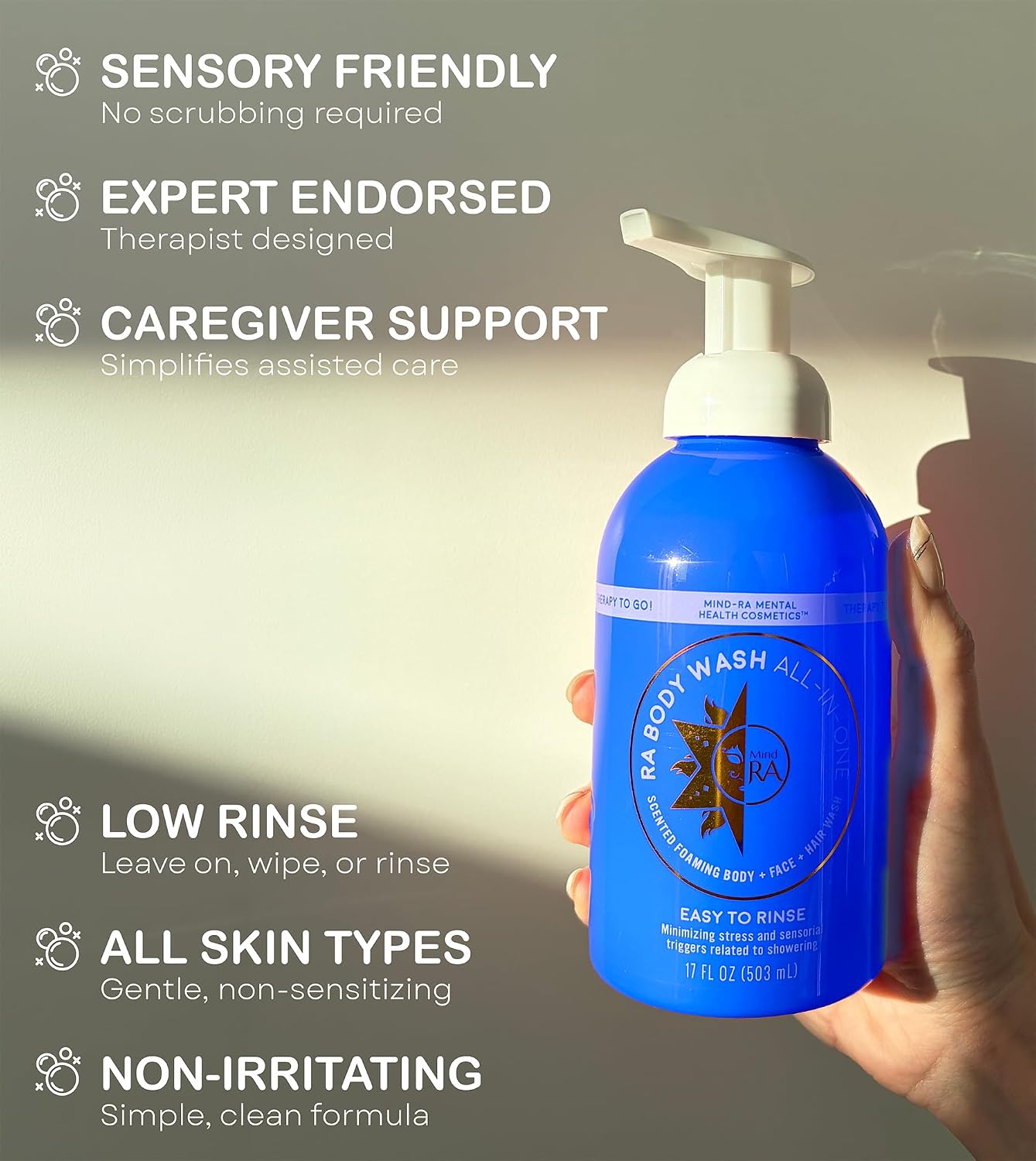 RA Sensory-Friendly Foaming Body Wash, All-in-One Body, Face & Hair Soap, Pre-Foamed Easy-Rinse Cleanser for Special Needs Hygiene Routines, Blue, 17 oz